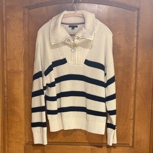 Tommy Hilfiger Cream and Navy Striped Quarter-Zip Sweater